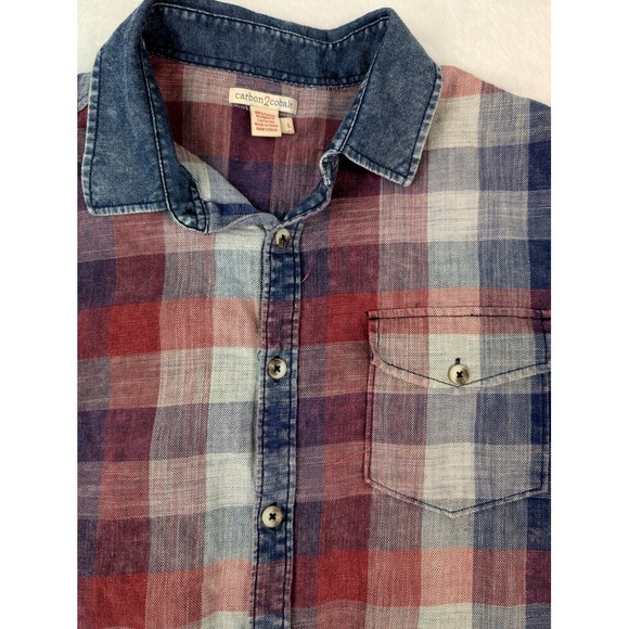 Carbon 2 Cobalt Shirt Men's L Button Up Blue Red Plaid Short Sleeve Denim Collar - Picture 3 of 8